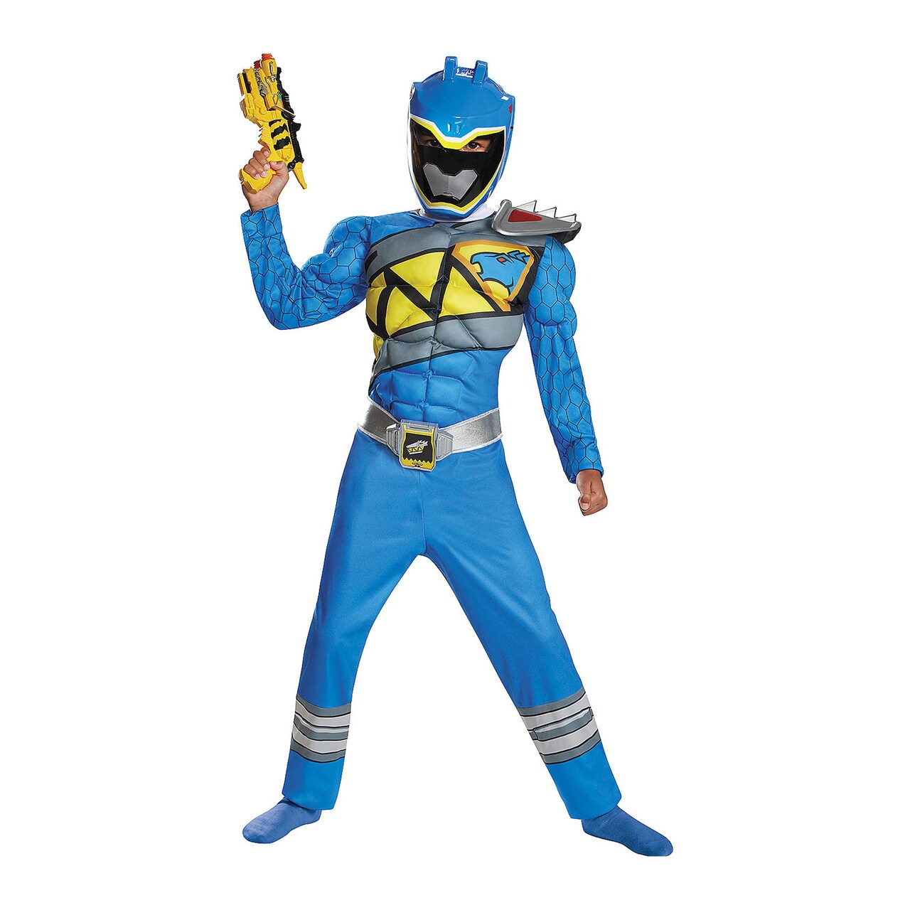 Boy's Blue Ranger Muscle Costume Dino Charge Jumpsuit with Belt Shoulder Pieces and Mask